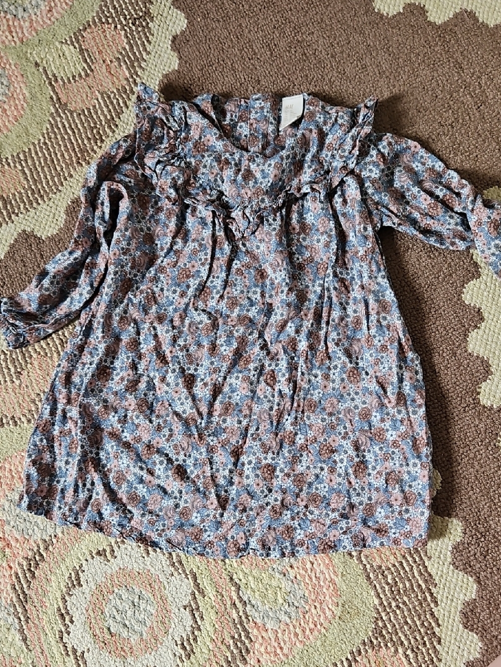 H&M Floral Long-Sleeve Dress in Blue and Brown